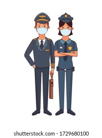 pilot and police woman using face masks vector illustration design