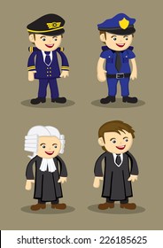Pilot, Policeman, Judge and Lawyer in uniform and work attire. Professionals and occupations vector illustration isolated on brown plain background