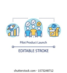 Pilot product launch concept icon. Production strategy idea thin line illustration. Test sales. Trial run for project. Testing product by customers. Vector isolated outline drawing. Editable stroke