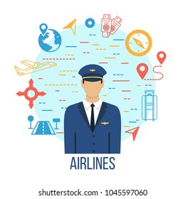 Pilot profession flat icons with captain. Airlines travel concept icons set with pilot. Luggage, trolley tickets, passport, road, navigation flat icons. Vector isolated illustration.