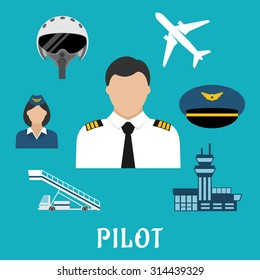 Pilot profession flat icons with captain in white uniform surrounded by stewardess, airplane, flight helmet, peaked cap, modern airport building and aircraft steps