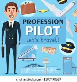 Pilot profession hiring poster man in uniform and airplane vector. Aircraft for flight, travel suitcase and captain cap, passenger ladder and security check scanner. Airport building and pass board