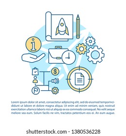 Pilot project article page vector template. Minimum viable product. Brochure, magazine, booklet design element with linear icons and text boxes. Print design. Concept illustrations with text space