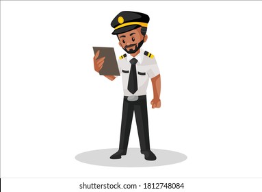 Pilot is reading the document. Vector graphic illustration. Individually on a white background.