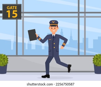 Pilot running in hurry for flight. Cheerful man in uniform running in waiting hall of airport cartoon vector