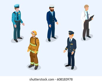 Pilot, sailor, doctor, firefighter and policeman in uniform as representatives of different professions 3d isometric vector illustration