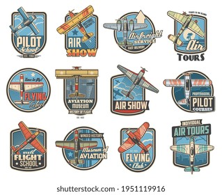 Pilot school and aviation show icons. Air travel tours, historical aircraft museum and airfreight service emblem or badge. Vintage propeller biplane and monoplane, flying retro vector airplane