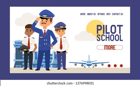 Pilot school vector web page flight crew study and people character piloting aircraft plane airplane flying to airport illustration backdrop aviation transportation web-site background.