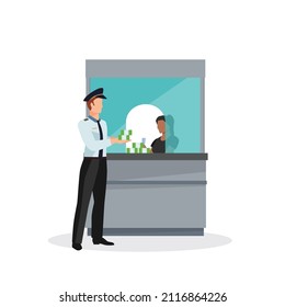 pilot send money, man with money at bank window, business finance service, employee person, worker financial specialist, payment cash operator