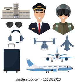 Pilot, set of icons isolated on a white background, plane, glasses, headphones, luggage airport