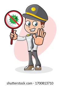 Piloto que muestra el signo de detención del virus. Caricatura. Ilustración del vector