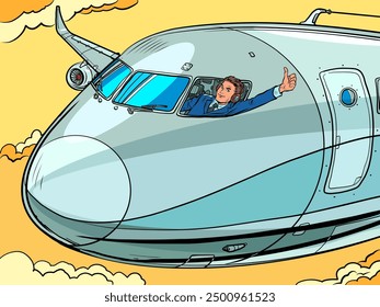 El piloto muestra un pulgar hacia arriba desde la cabina del avión. Viaje seguro y cómodo. Profesional en su campo, estudiando para convertirse en piloto. Pop Arte Retro Ilustración vectorial Kitsch Antiguas 50s 60s