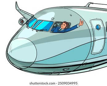 The pilot shows a thumbs up from the airplane cockpit. Safe and comfortable travel. Professional in his field, studying to become a pilot. Pop Art Retro Vector Illustration Kitsch Vintage 50s 60s