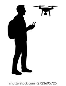 Silhueta piloto usando mochila, controlando um drone voador