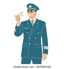 Ein Pilot mit einem kleinen Flugzeug in der Hand. Flache Vektorgrafik.
