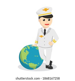 pilot standing with big globe design character on white background