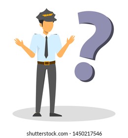 Pilot standing with big question mark. Ask professional worker in uniform. Aviator occupation, thinking male character vector isolated.