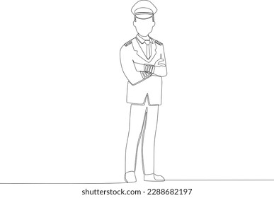 A pilot standing in full pilot attire. Pilot and plane one-line drawing