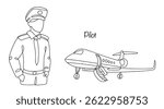 Pilot standing near passenger plane. Person operating aircraft while on board to transport passengers. Black and white line illustration on professions.