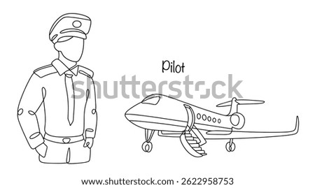 Pilot standing near passenger plane. Person operating aircraft while on board to transport passengers. Black and white line illustration on professions.