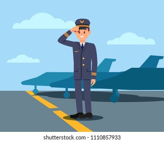 Pilot standing on aerodrome and holding hat by hand. Captain of passenger airplane. Planes and blue sky on background. Flat vector design