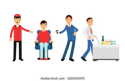 Pilot and Steward Character on Board Aircraft During Flight Serving Drinks to Passengers Vector Illustration Set