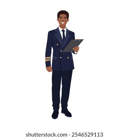 Pilot steward writing notes in list of passengers. Flat Vector character illustration