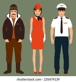 pilot and stewardess, airplane people, cartoon vector illustration 