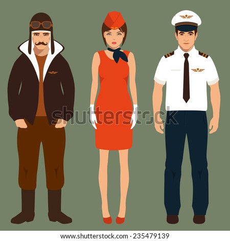 pilot and stewardess, airplane people, cartoon vector illustration 