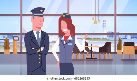 Pilot And Stewardess In Airport Airline Crew Workers Team Flat Vector Illustration