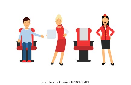 Pilot and Stewardess Character on Board Aircraft During Flight Vector Illustration Set