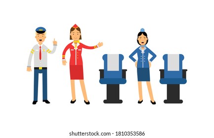 Pilot and Stewardess Character on Board Aircraft During Flight Vector Illustration Set