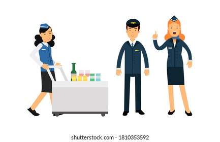 Pilot and Stewardess Character on Board Aircraft During Flight Vector Illustration Set