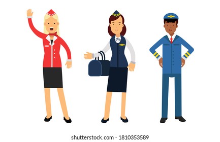 Pilot and Stewardess Character Standing in Uniform Vector Illustration Set