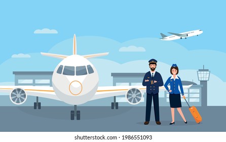 Pilot and stewardess characters at the airport near plane. Airplane staff or crew in uniform. Professional Team of smiling airline workers go to work. Vector illustration.