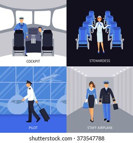 Pilot And Stewardess In The Cockpit And Walking To The Plane 4 Flat Icons Square Abstract Vector Illustration