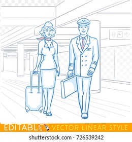 Pilot and stewardess. The crew of a civilian aircraft into the airport. Editable sketch in blue ink style. Hand drawn doodle vector illustration.