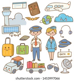 Pilot and stewardess with equipments kawaii doodle 