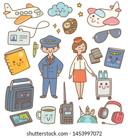 Pilot and stewardess with equipments kawaii doodle 