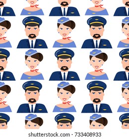 Pilot and stewardess face in uniform airport character flight plane travel people attendant professional seamless pattern background vector illustration.