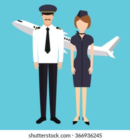 Pilot Stewardess Flight Attendance Cabin Crew In Uniform Plane Vector Character