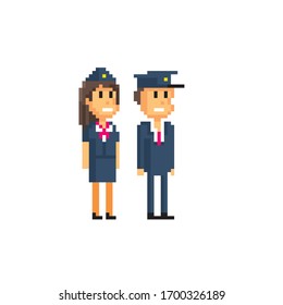 Pilot, Stewardess, Flight Attendant Icon Set. Pixel Art. Old School Computer Graphic. Element Design Stickers, Logo, Mobile App, Menu. 8 Bit Video Game. Game Assets 8-bit Sprite. 16-bit.