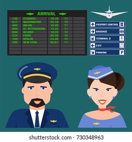 Pilot and stewardess in uniform airport character flight plane travel people attendant professional person vector illustration.