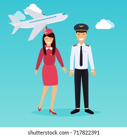 Pilot and stewardess in uniform in flat design. Flat design modern vector illustration concept.