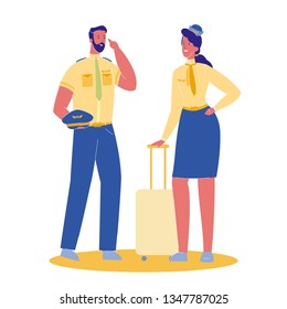 Pilot and Stewardess Vector Cartoon Illustration. Female Flight Attendant with Suitcase. Woman and Man in Professional Uniforms. Airline Captain Holding Cap, Hat. Aircrew Members. Job, Occupation