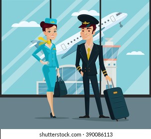 Pilot and stewardess. Vector cartoon illustration