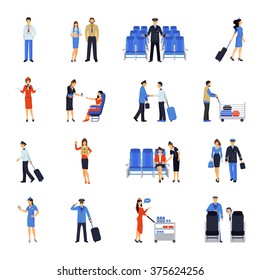 Pilot and stewardess at work during the flight and at the airport flat icons collection abstract vector illustration