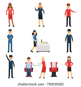 Pilot and stewardess at work during the flight set, air transportation professionals working on the plane vector Illustrations