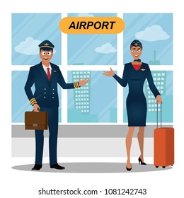 pilot and stewardess.cartoon set of officers and flight attendants air hostess Group of industrial people characters