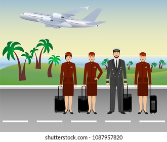 Pilot and stewardesses characters in uniform standing on flying aircraft background. Aviation staff employee concept. Airplane personnel team. Vector illustration.